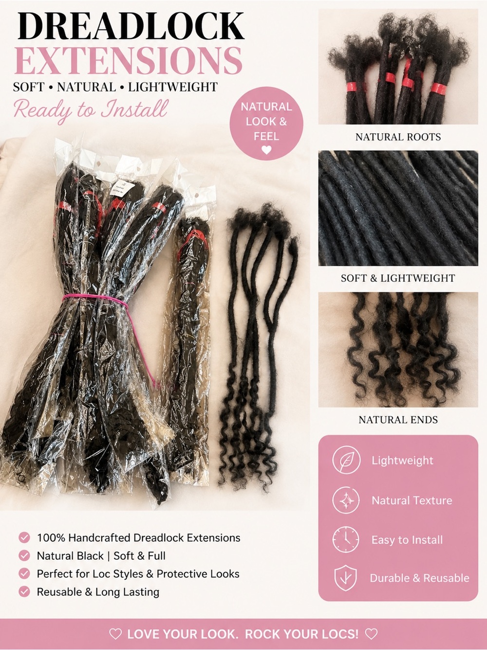 Dreadlock Extensions - Natural Black - Ready to Install